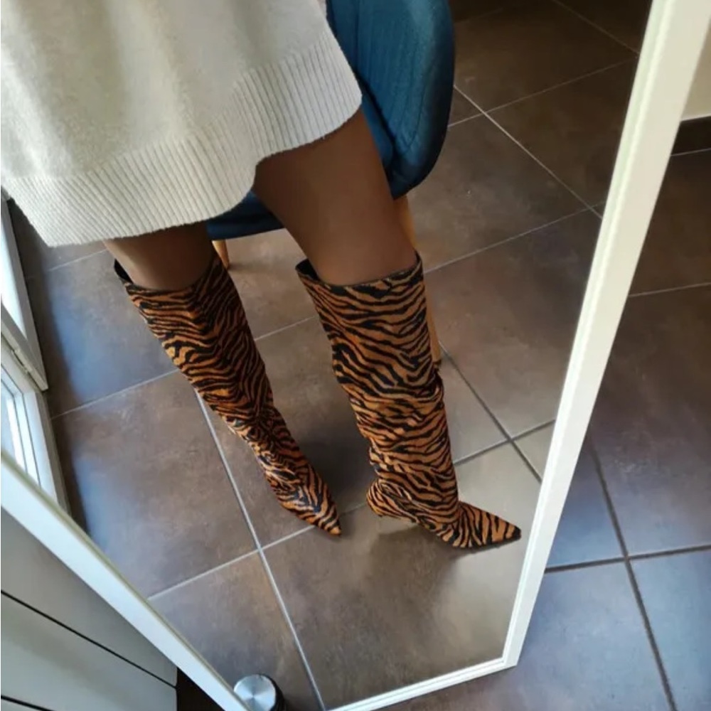 ZARA  ZEBRA LEATHER ANIMAL PRINT KITTEN HEEL BOOTS 7000/001 RARE US 7.5 EU 38